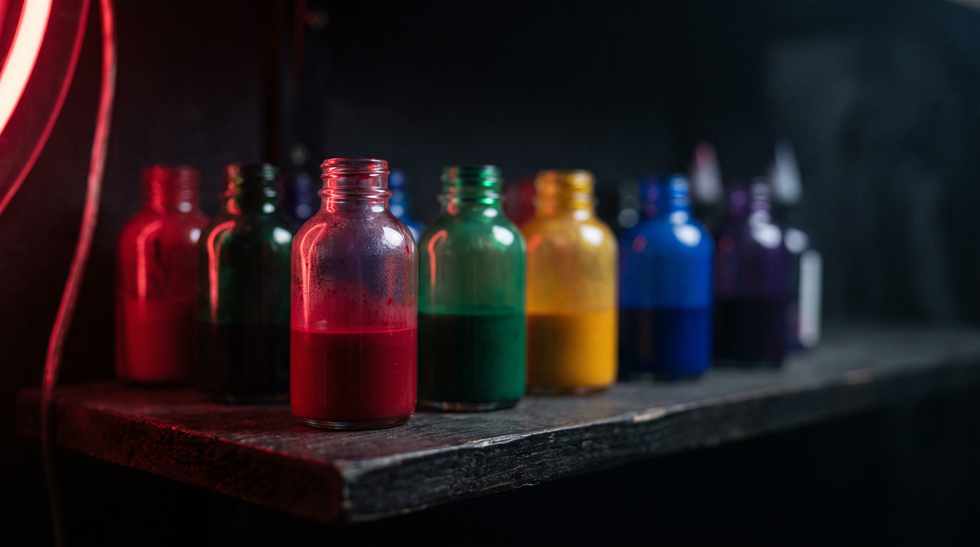 Glass bottles of vivid tattoo pigment glowing against a dark shelf