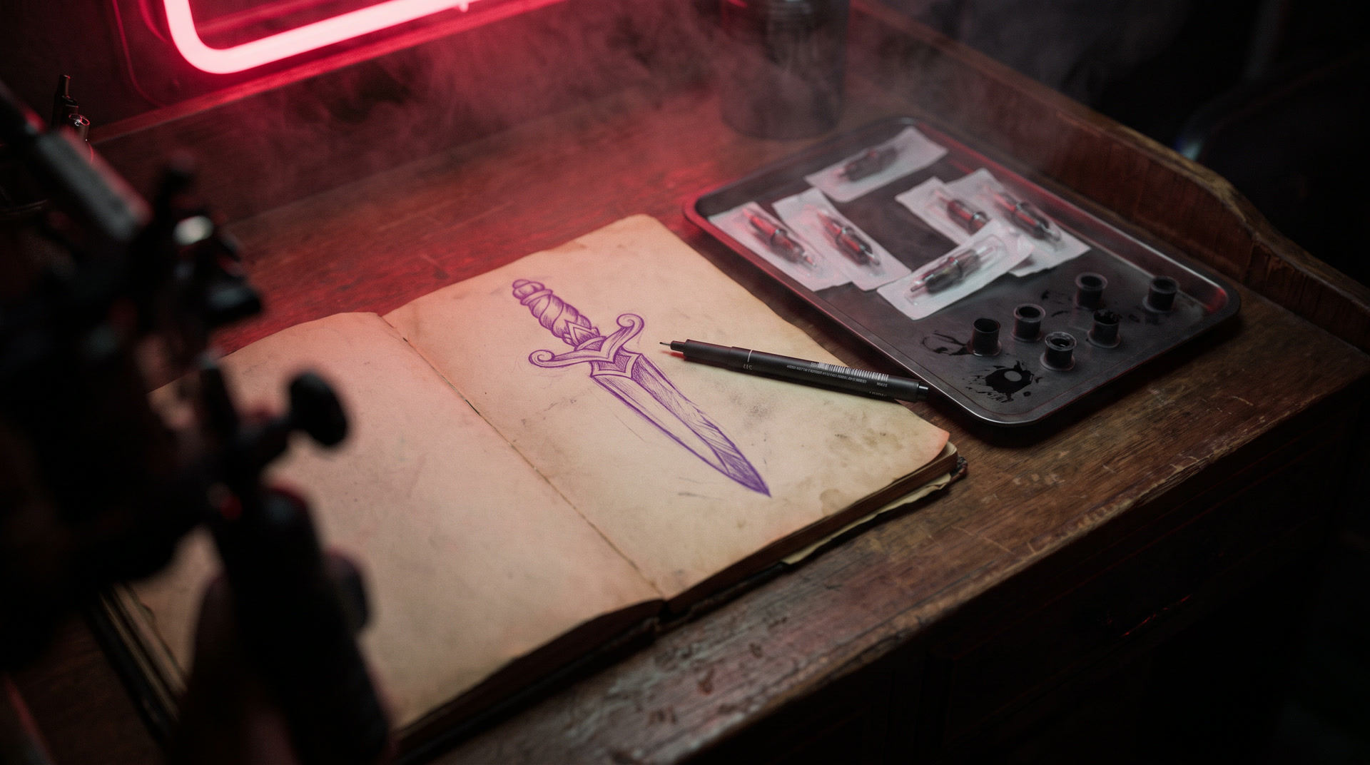 A dagger design sketched in purple in an open sketchbook beside sealed needle cartridges, lit by red neon
