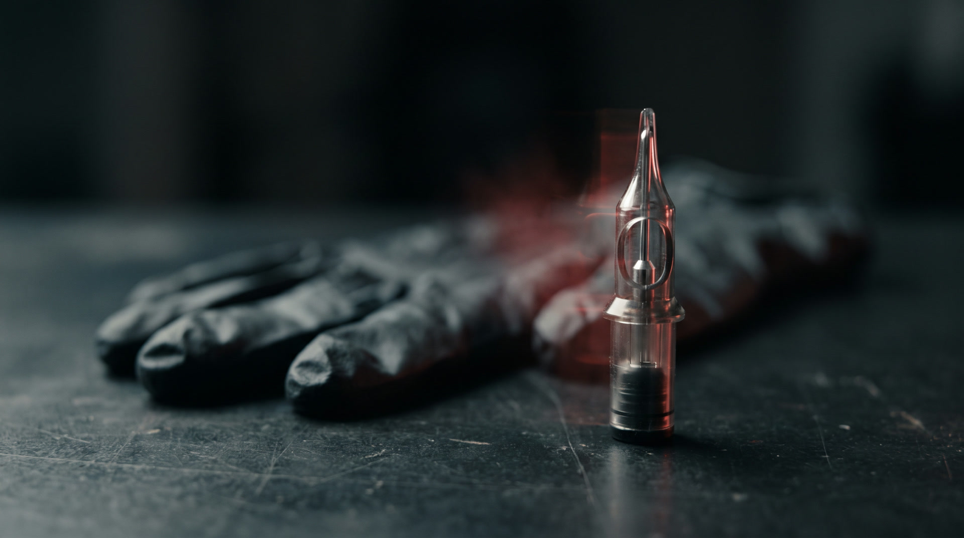 A single fine tattoo needle cartridge standing beside folded black gloves