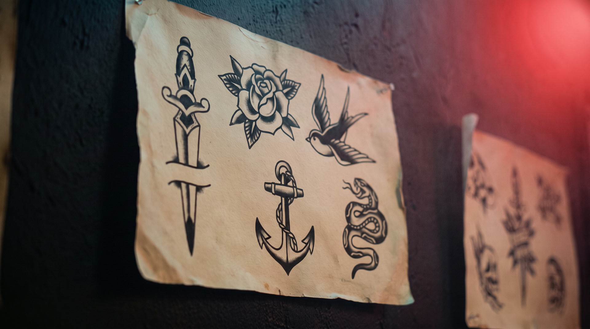 A hand-drawn traditional flash sheet with dagger, rose, and swallow designs pinned to a dark wall